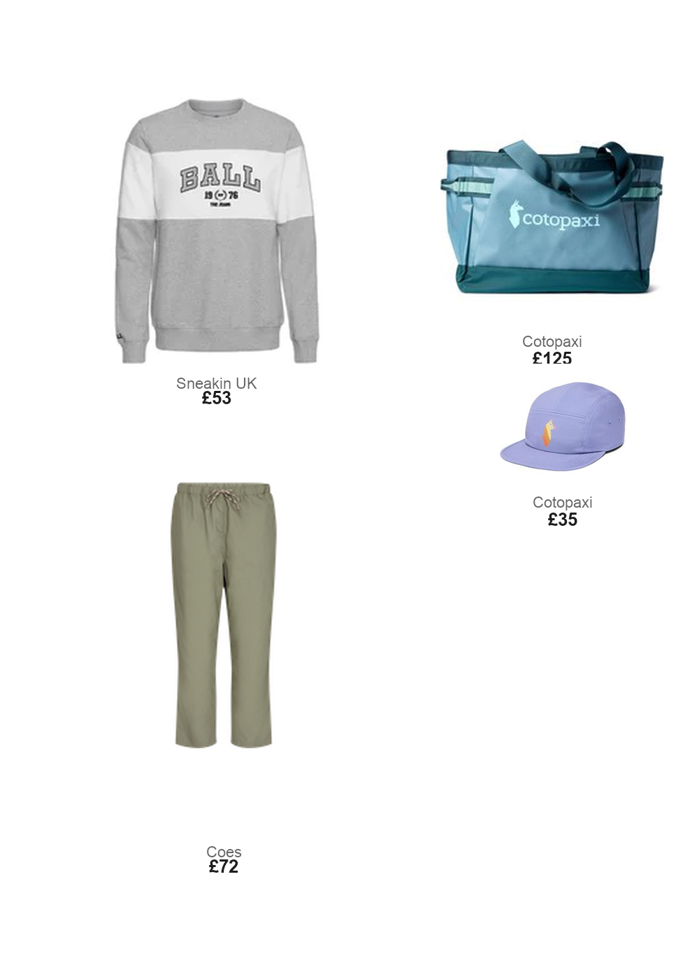 The complete outfit featuring Cotopaxi UK Allpa 60L Gear Hauler Tote