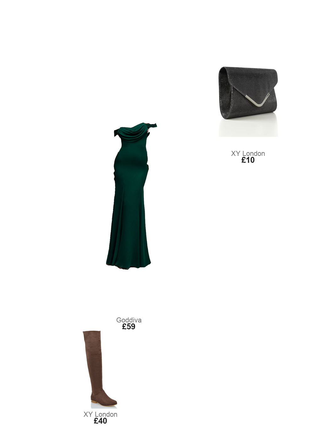 The complete outfit featuring xylondon CARA CHROME TRIM CHAIN SHOULDER STRAP CLUTCH ENVELOPE BAG IN BLACK GLITTER