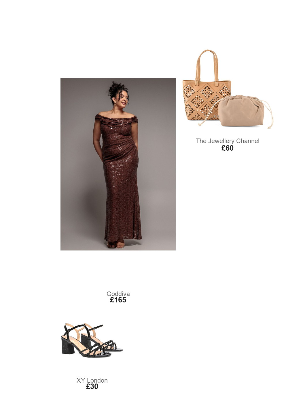 The complete outfit featuring Goddiva Plus Goddiva Plus Cap Sleeve Iridescent Sequin Cowl Maxi Dress - Brown
