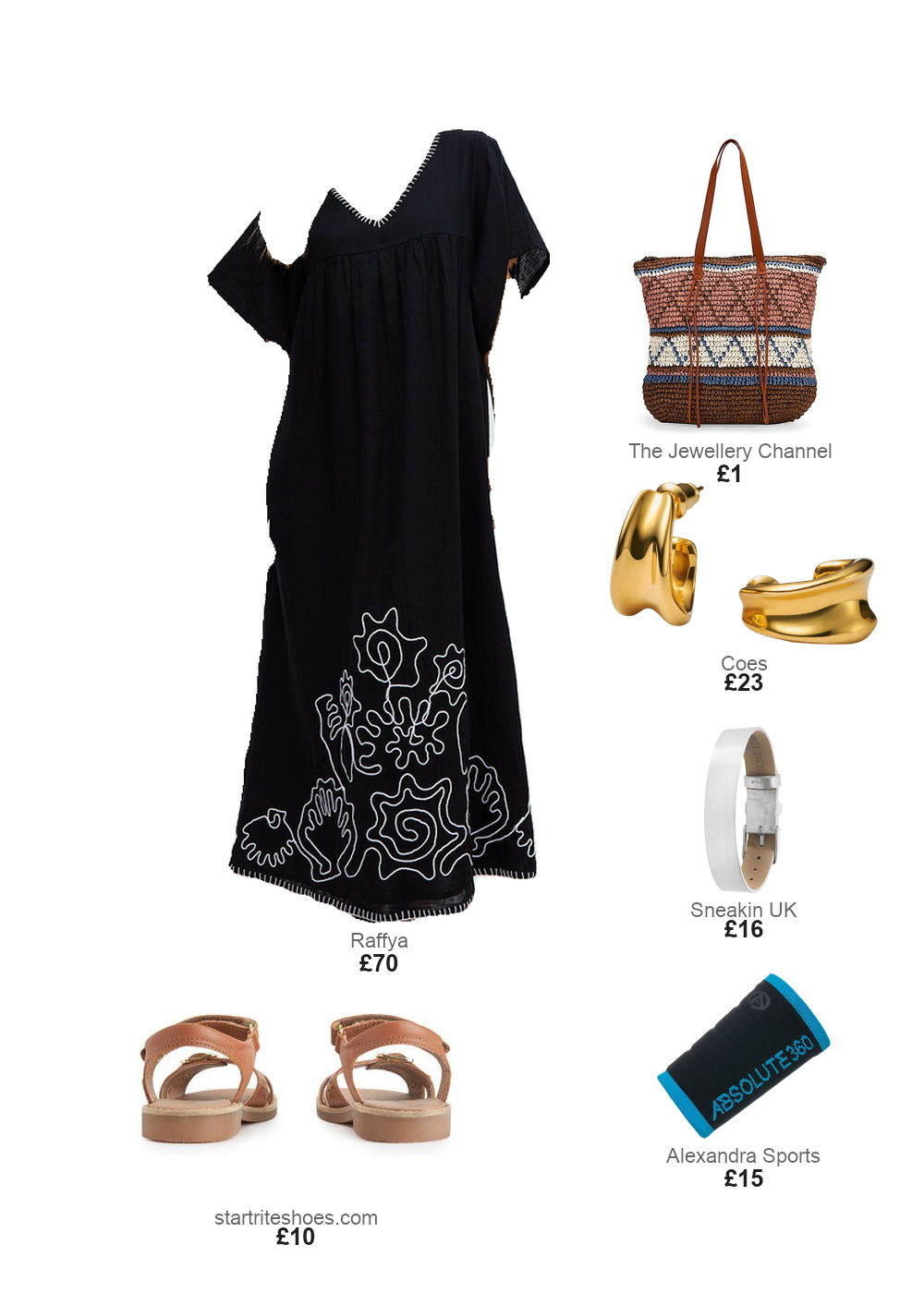 The complete outfit featuring Raffya Candy Tabard Embroidered Hem Maxi Dress In Black - 8