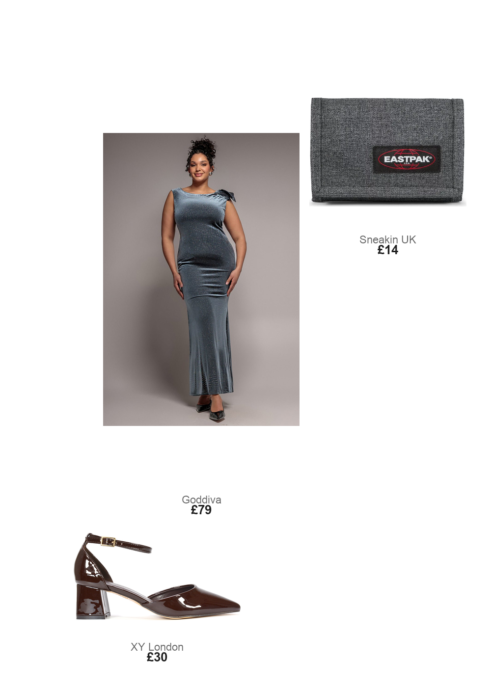 The complete outfit featuring Goddiva Plus Goddiva Plus Glitter Velvet Maxi With Bow Detail - Silver