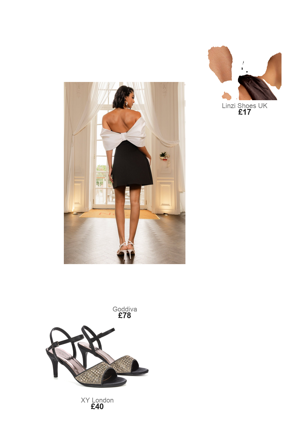 The complete outfit featuring Goddiva Goddiva Contrast Off Shoulder Back Satin Bow Scuba Mini Dress - Black Cream