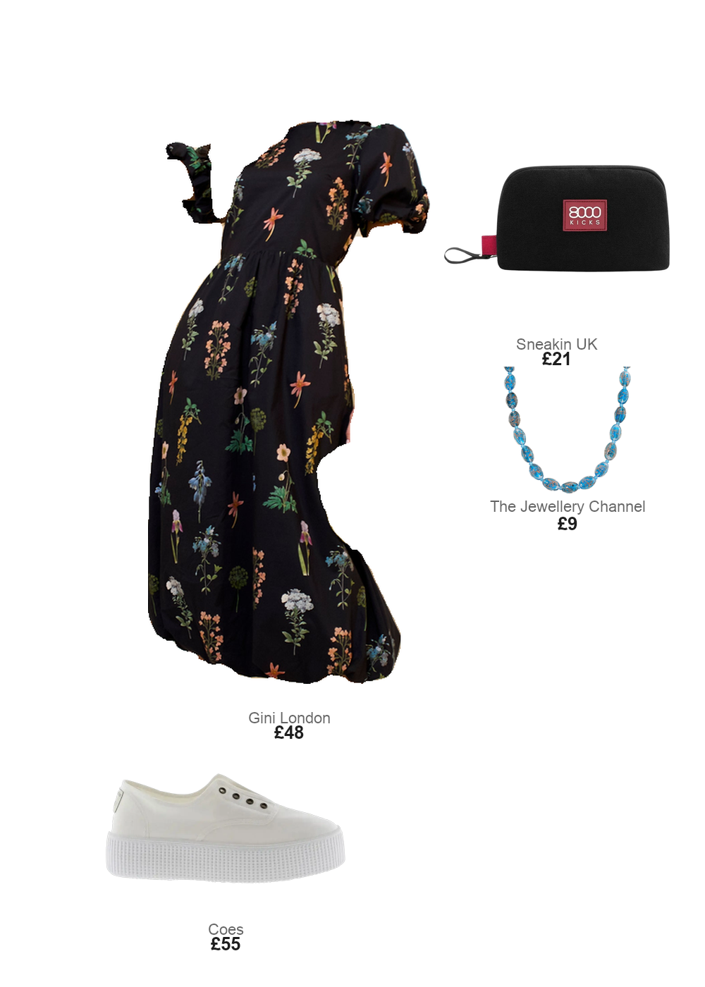 The complete outfit featuring Gini London Navy Cotton Floral Print Puff Ball Midi Dress