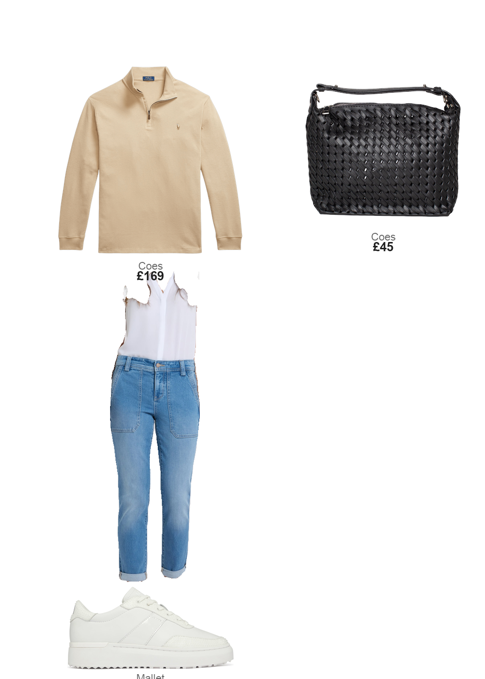 The complete outfit featuring Mallet London MALLET Elia Swarovski Triple White Womens Trainers