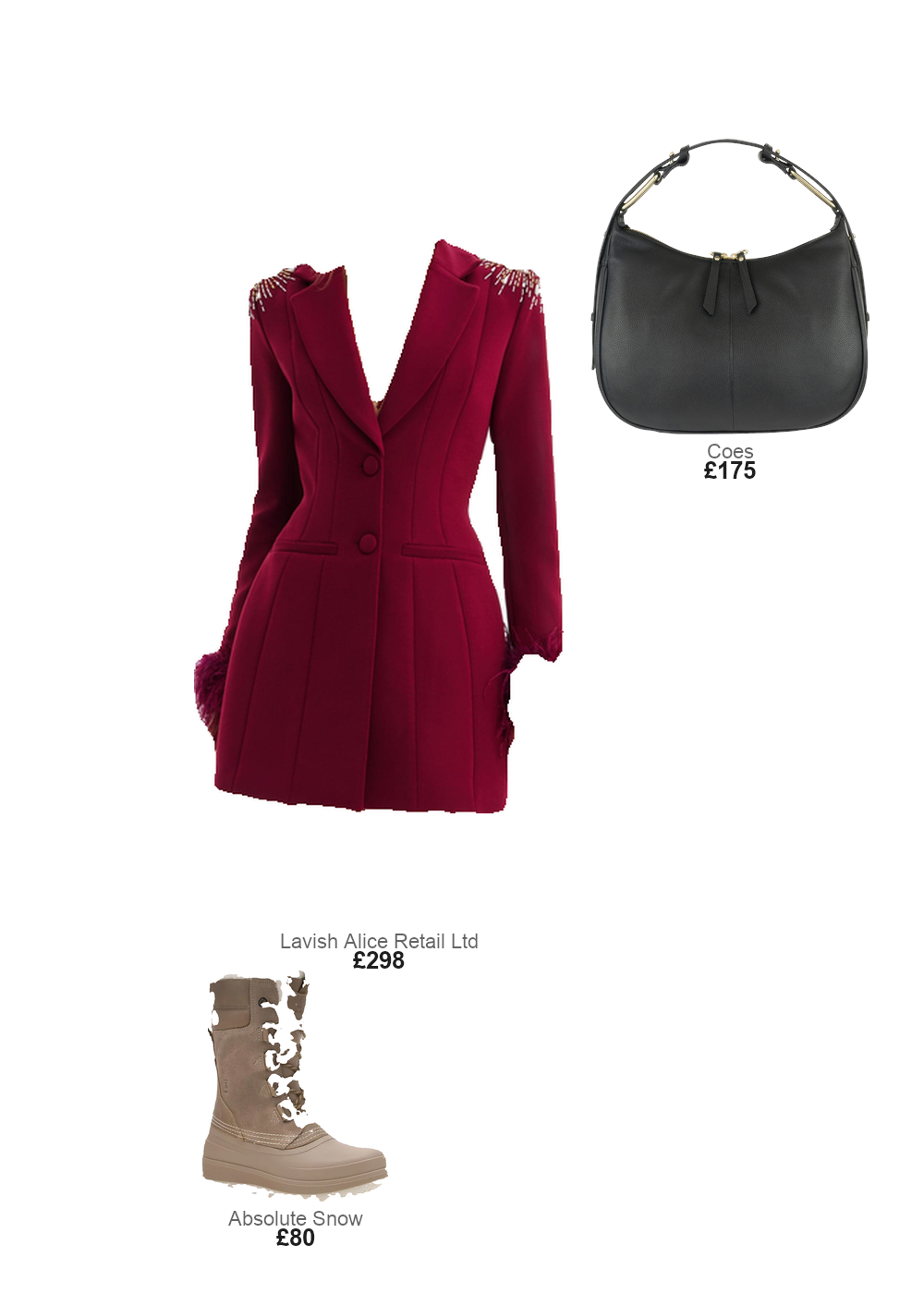 The complete outfit featuring Lavish Alice Lavish Alice SABRINA Star Hand Embellished Blazer Dress With Feather Cuffs In Burgundy UK 6