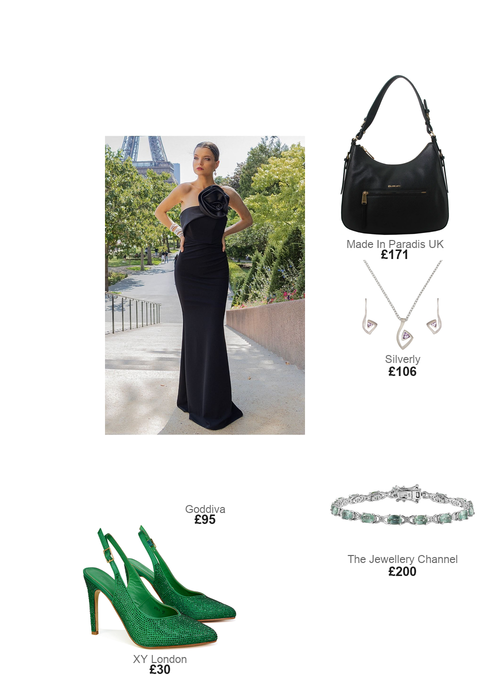 The complete outfit featuring xylondon Divine Diamante Pointed Toe Slingback Bridal High Heel Stilettos in White - Green / UK 4 | EU 37 | US 6