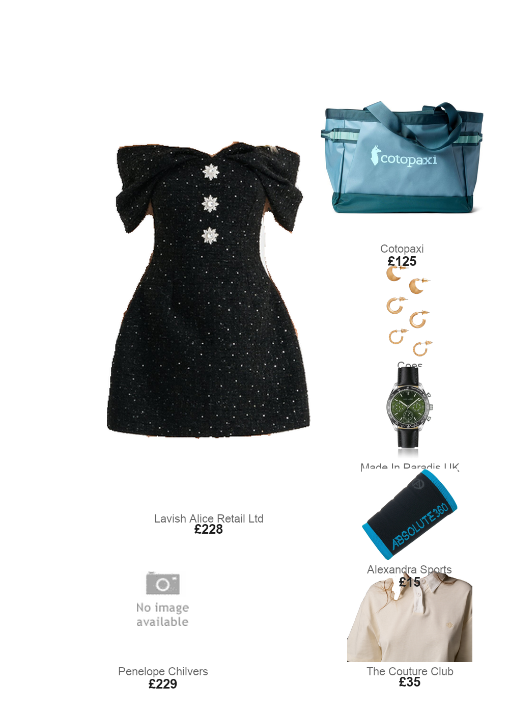 The complete outfit featuring Lavish Alice Lavish Alice ARIELLA Sequin Boucle Off Shoulder Mini Tulip Dress in Black UK 6