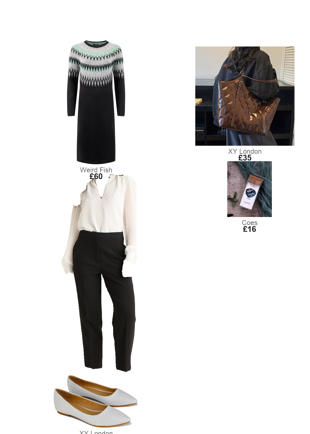 The complete outfit featuring Black Weird Fish Amren Fair Isle Sparkle Knitted Dress Black Size 14