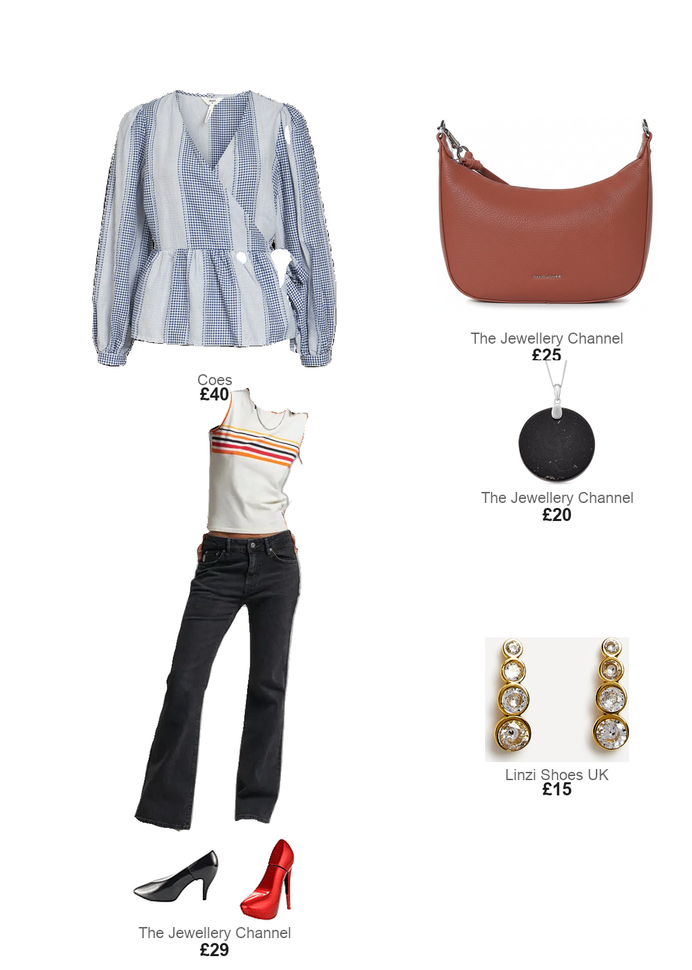 The complete outfit featuring Linzi Gold Crystal Four Stone Drop Earrings