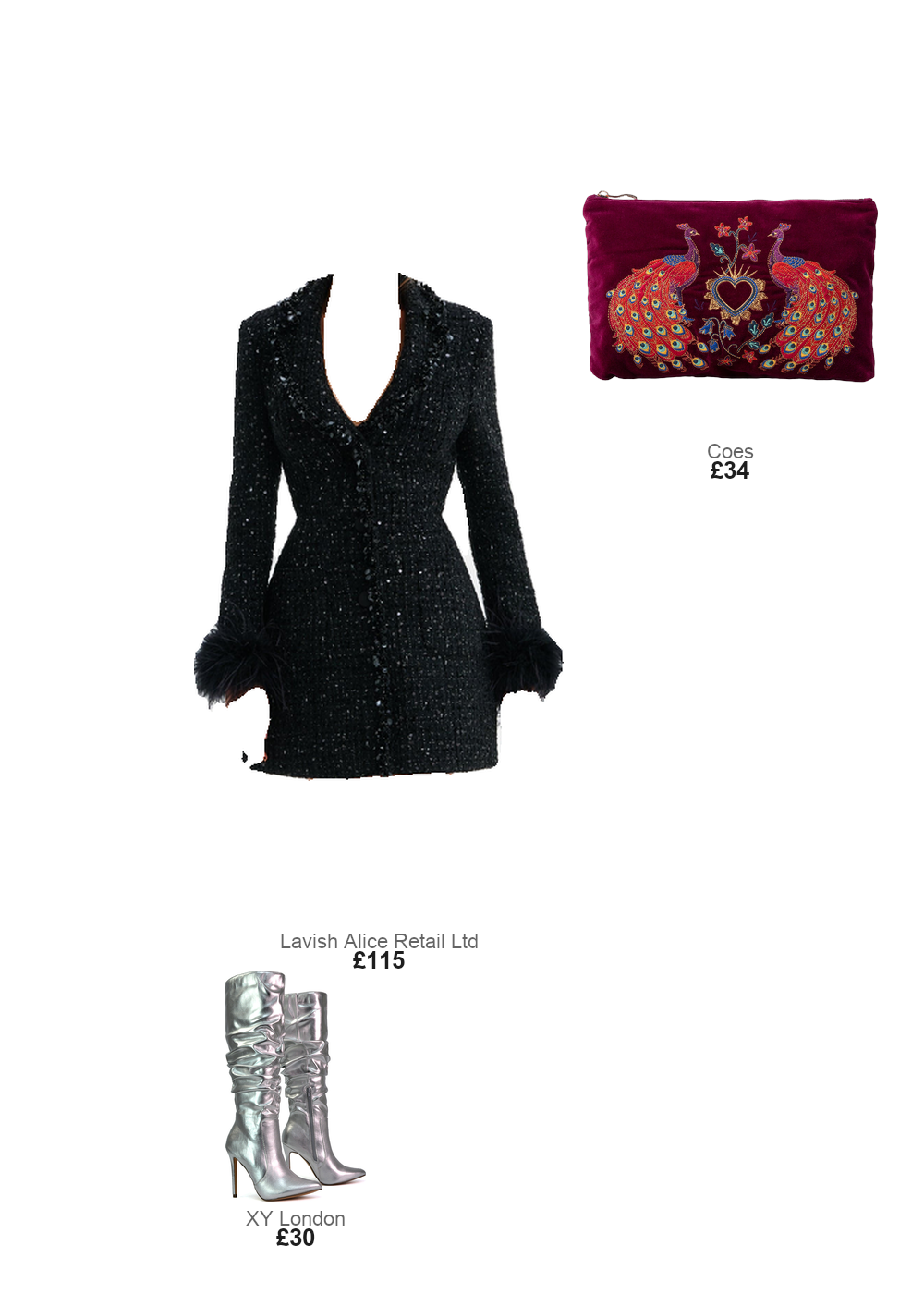 The complete outfit featuring Lavish Alice Lavish Alice ELIANNA Sequin Boucle Mini Tulip Blazer Dress With Feather Cuffs In Black UK 6
