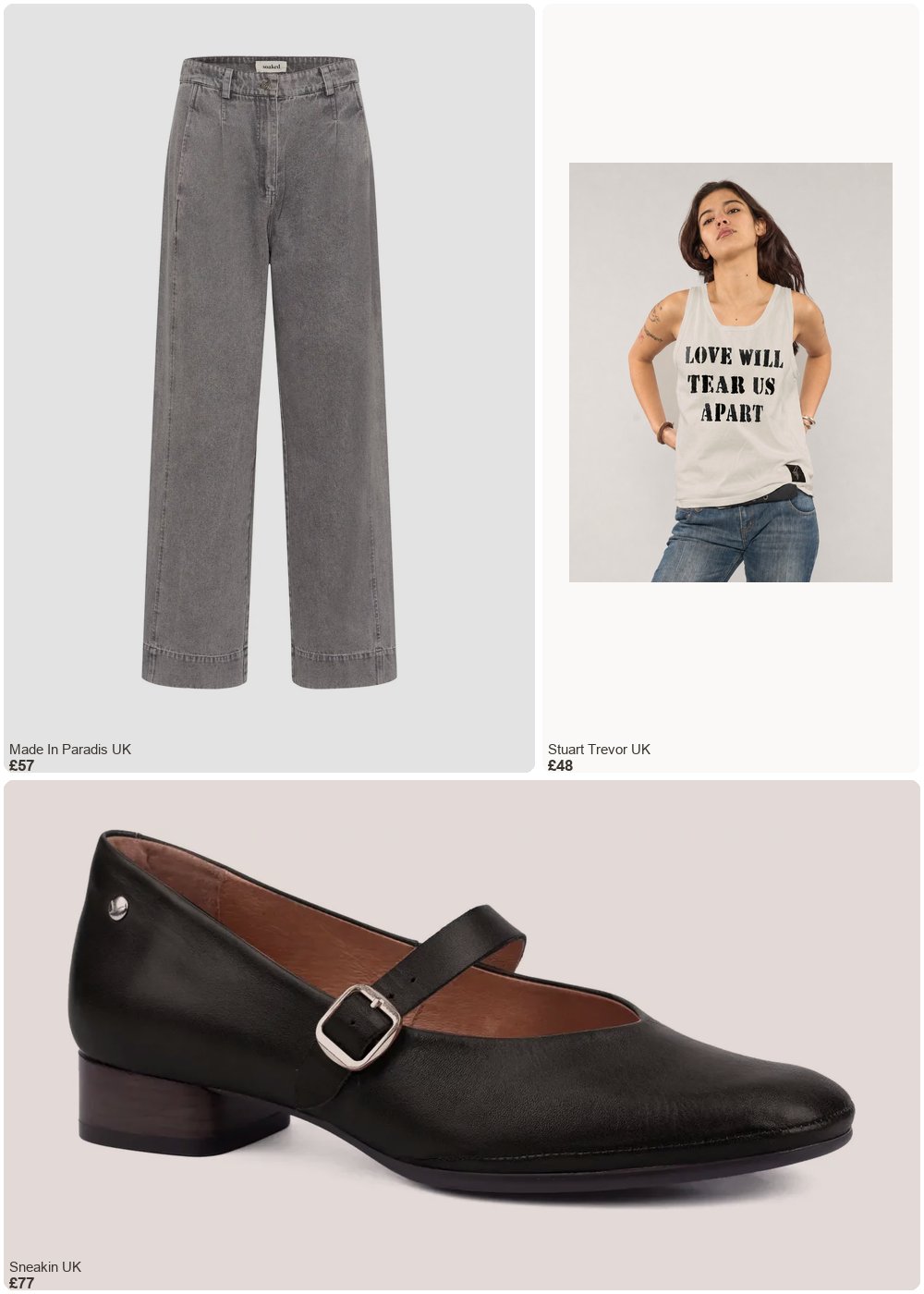 The complete outfit featuring STUART TREVOR 'Love Will Tear Us Apart' Tank Top in Ecru