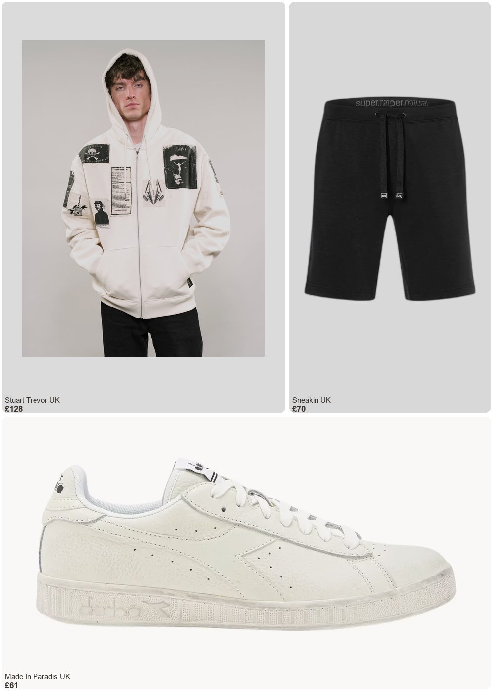 The complete outfit featuring STUART TREVOR ST Multipatch Zip Hoodie in Ecru