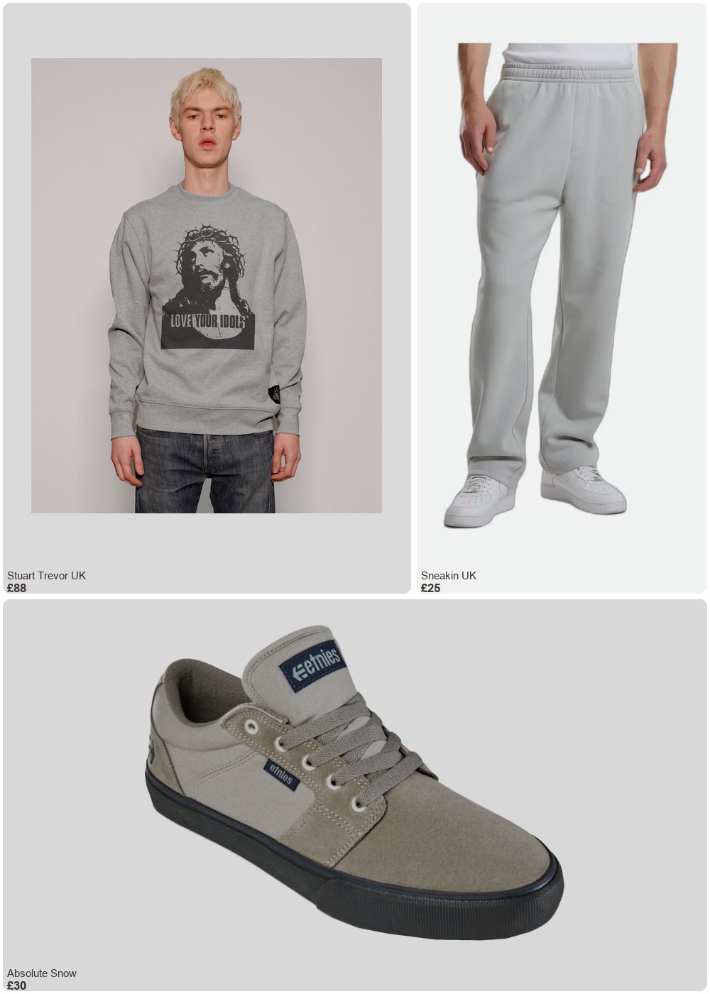 The complete outfit featuring STUART TREVOR "Love Your Idols" Sweatshirt in Grey