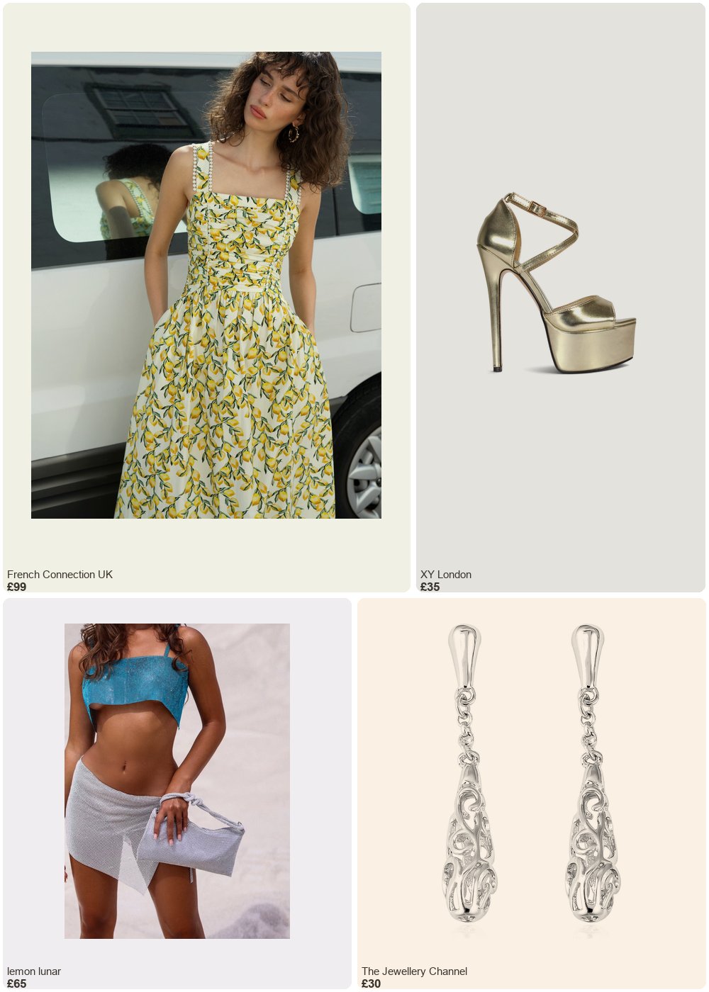 The complete outfit featuring French Connection Barletta Lemon Ruched Sleeveless Midi Dress Citrus Multicoloured Lemon Print