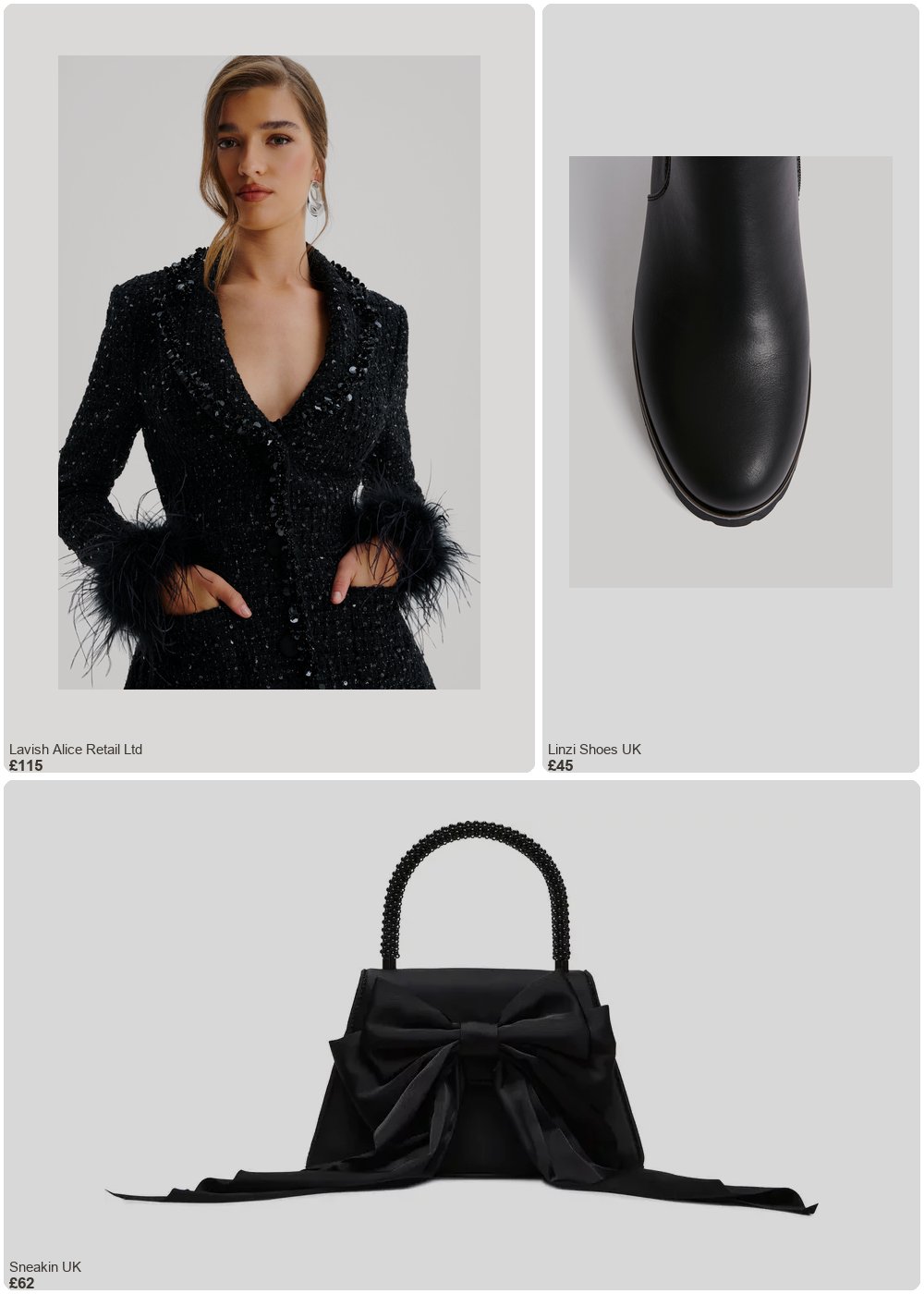 The complete outfit featuring Lavish Alice Lavish Alice ELIANNA Sequin Boucle Mini Tulip Blazer Dress With Feather Cuffs In Black UK 12