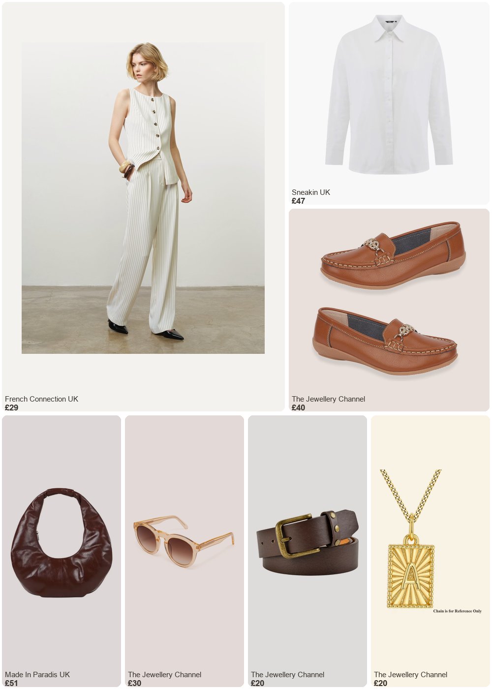 The complete outfit featuring French Connection Vinnie Tailored Cream Pinstripe Wide Leg Trousers Porcelain Cream/Black