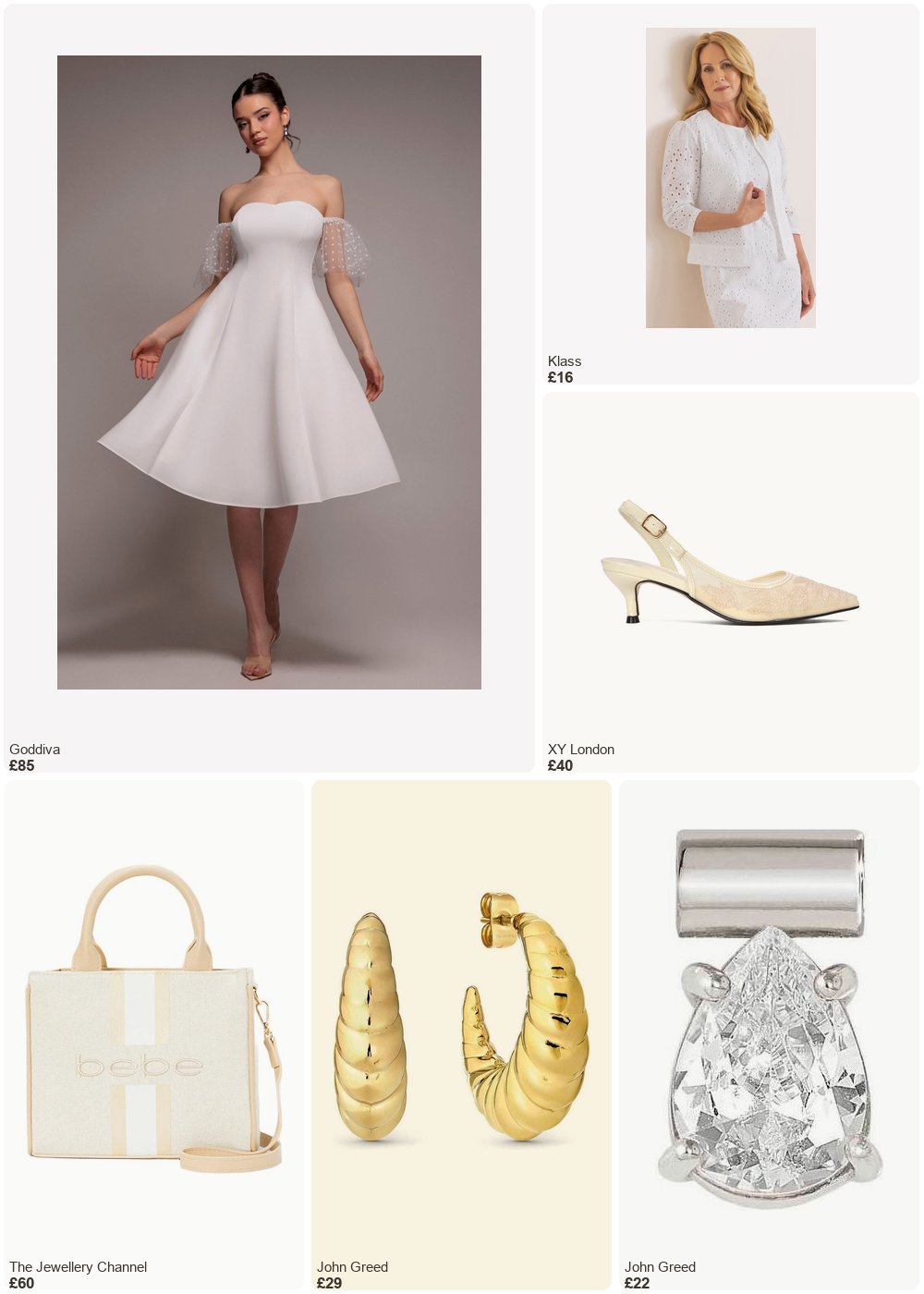The complete outfit featuring Goddiva Goddiva Scuba & Polka Mesh Off The Shoulder Midi Dress - White