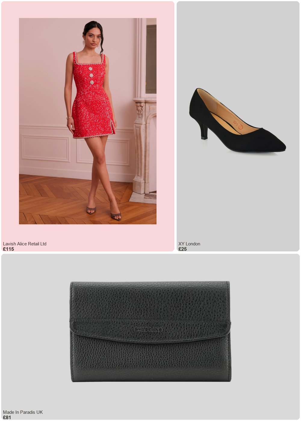 The complete outfit featuring Lavish Alice Lavish Alice ZOEY Embellished Boucle Tulip Mini Dress in Red UK 12