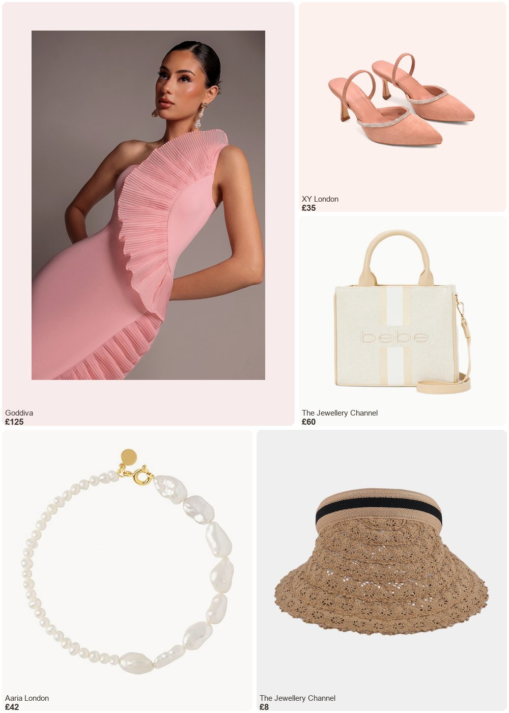 The complete outfit featuring Goddiva Goddiva One Shoulder Pleated Fan Midi Dress - Blush Pink