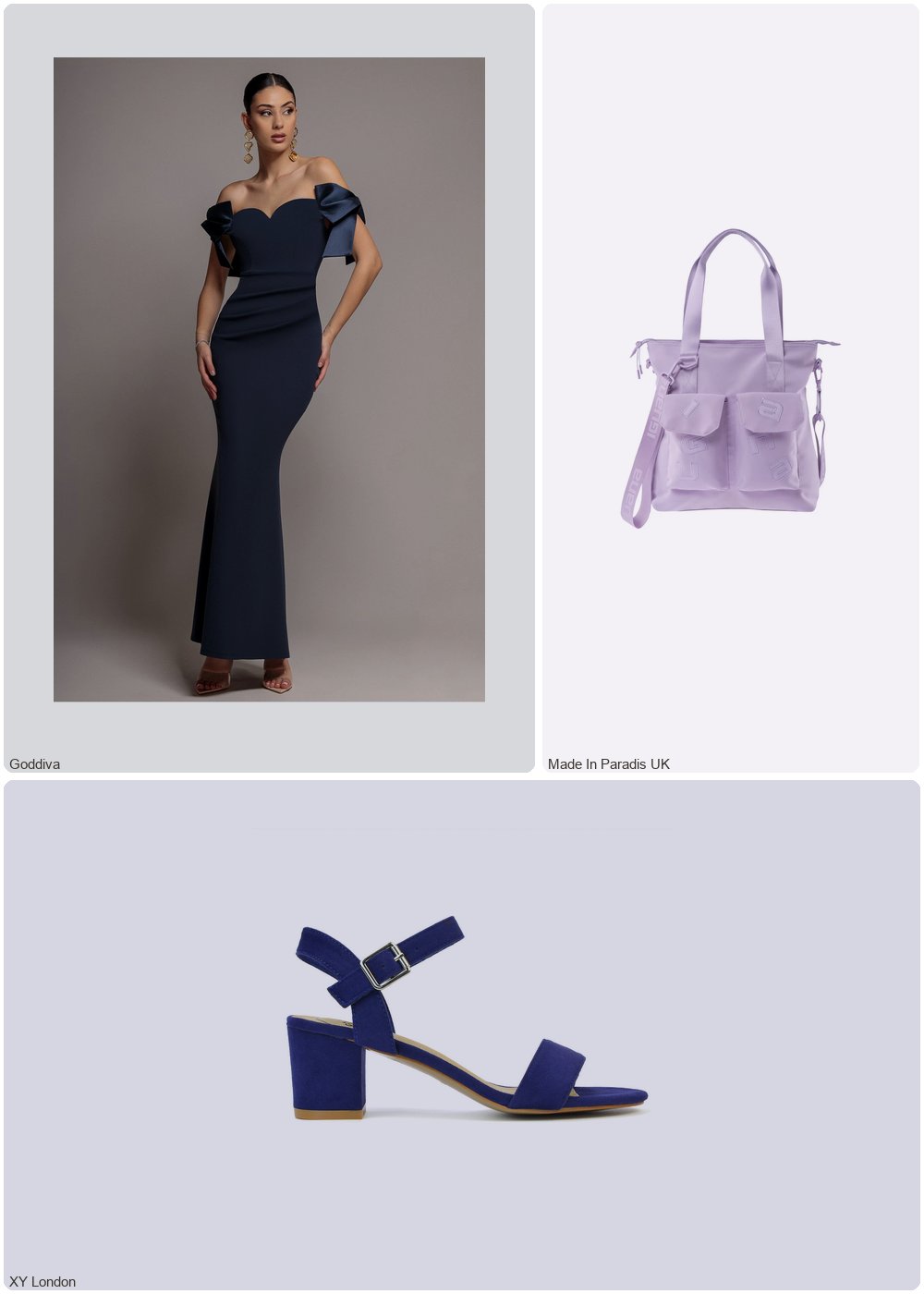 The complete outfit featuring Goddiva Goddiva Satin Bow Bardot Sheath Maxi Dress - Navy Blue