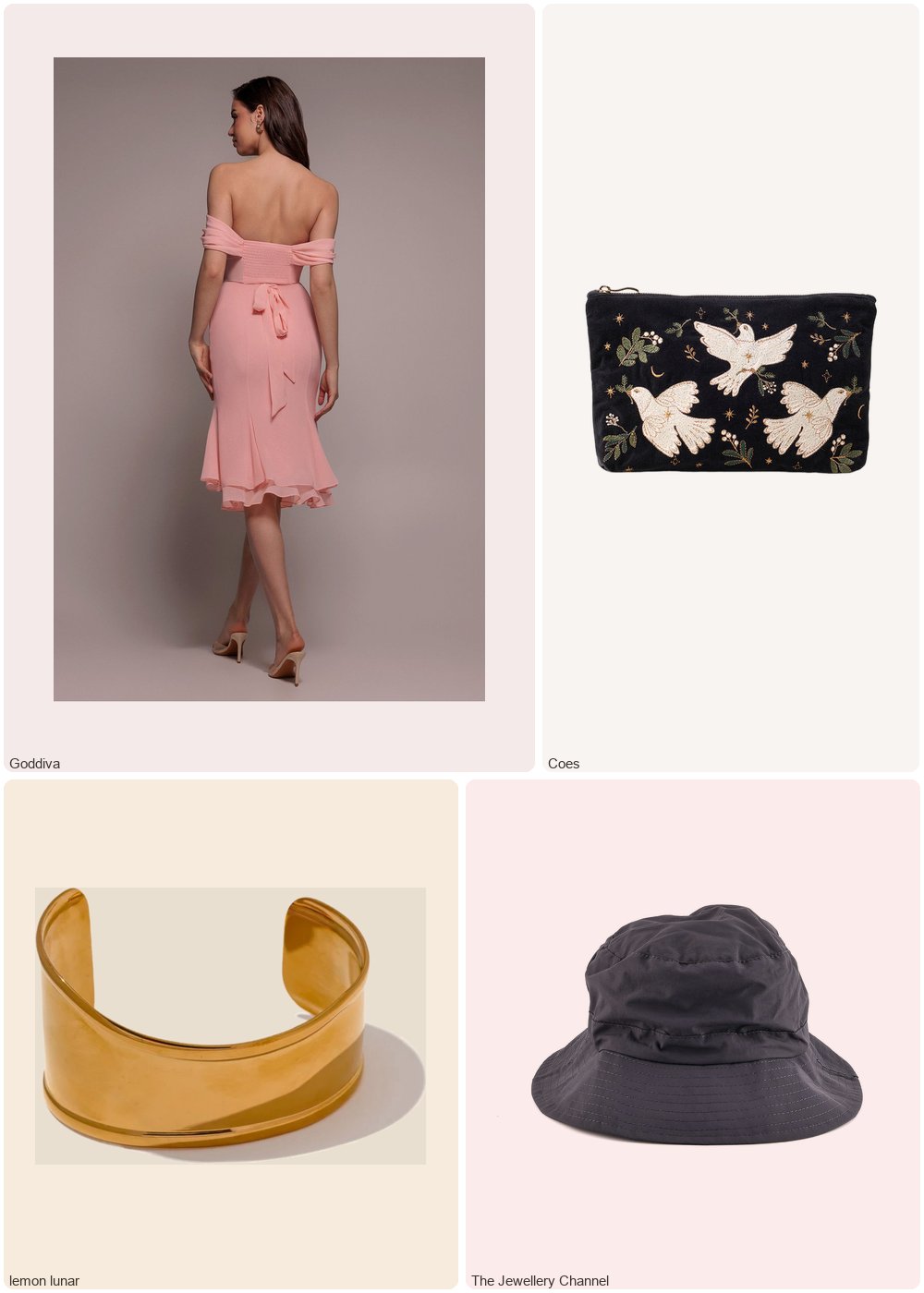 The complete outfit featuring Goddiva Goddiva Chiffon Cowl Off Shoulder Wing Tiered Midi Dress - Blush Pink
