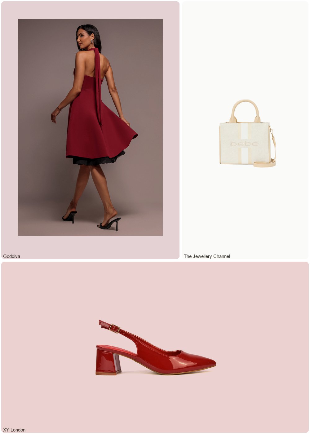 The complete outfit featuring Goddiva Goddiva Contrast Organza Frill Bow Back Halter Midi Dress - Burgundy Black