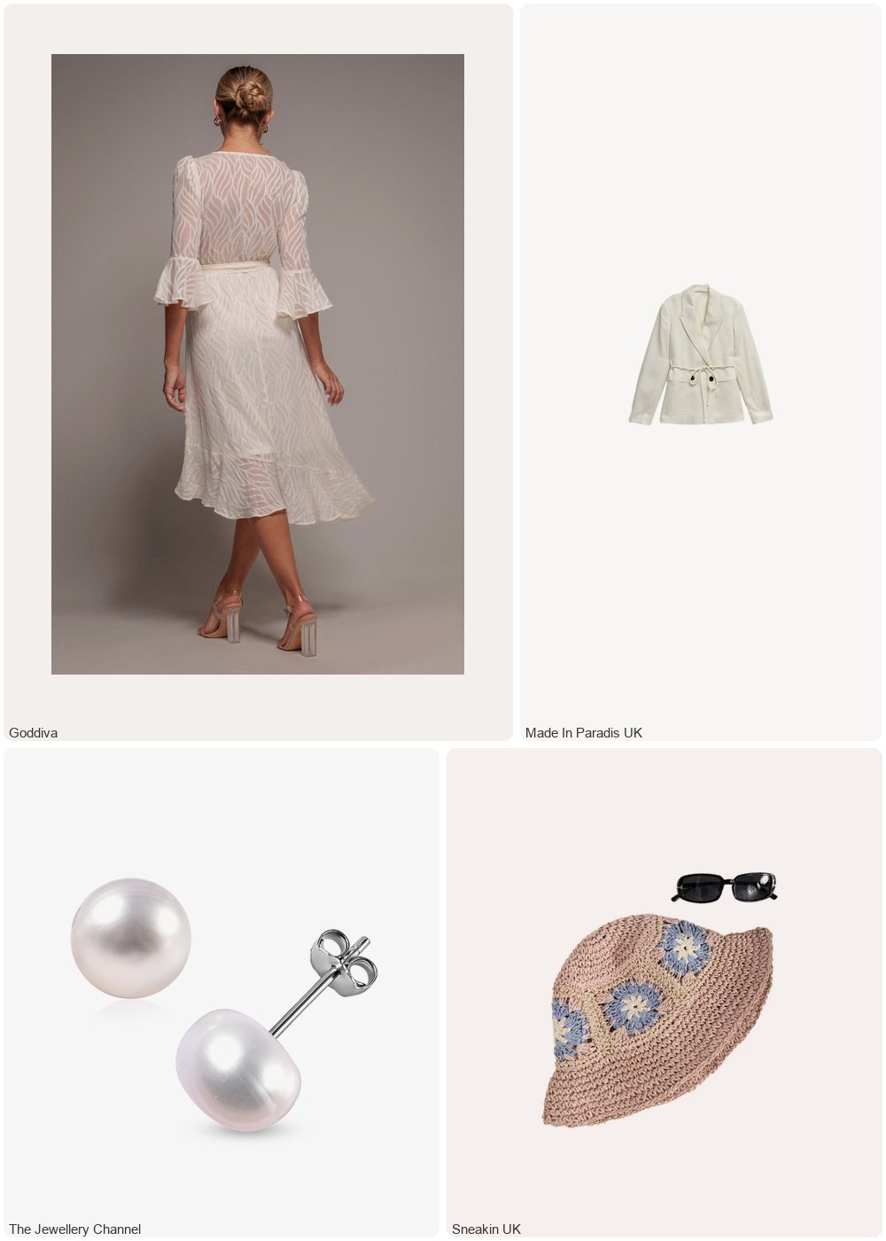The complete outfit featuring Goddiva Goddiva Chiffon Geo-Wave Front Frill Wrap Midi Dress - Cream
