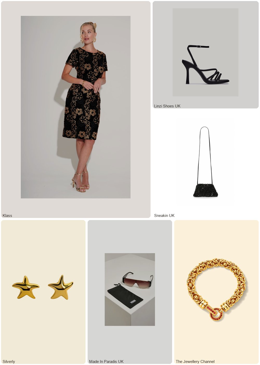 The complete outfit featuring Klass Klass Embroidered Short Sleeve Velvet Dress Black/Gold Women's
