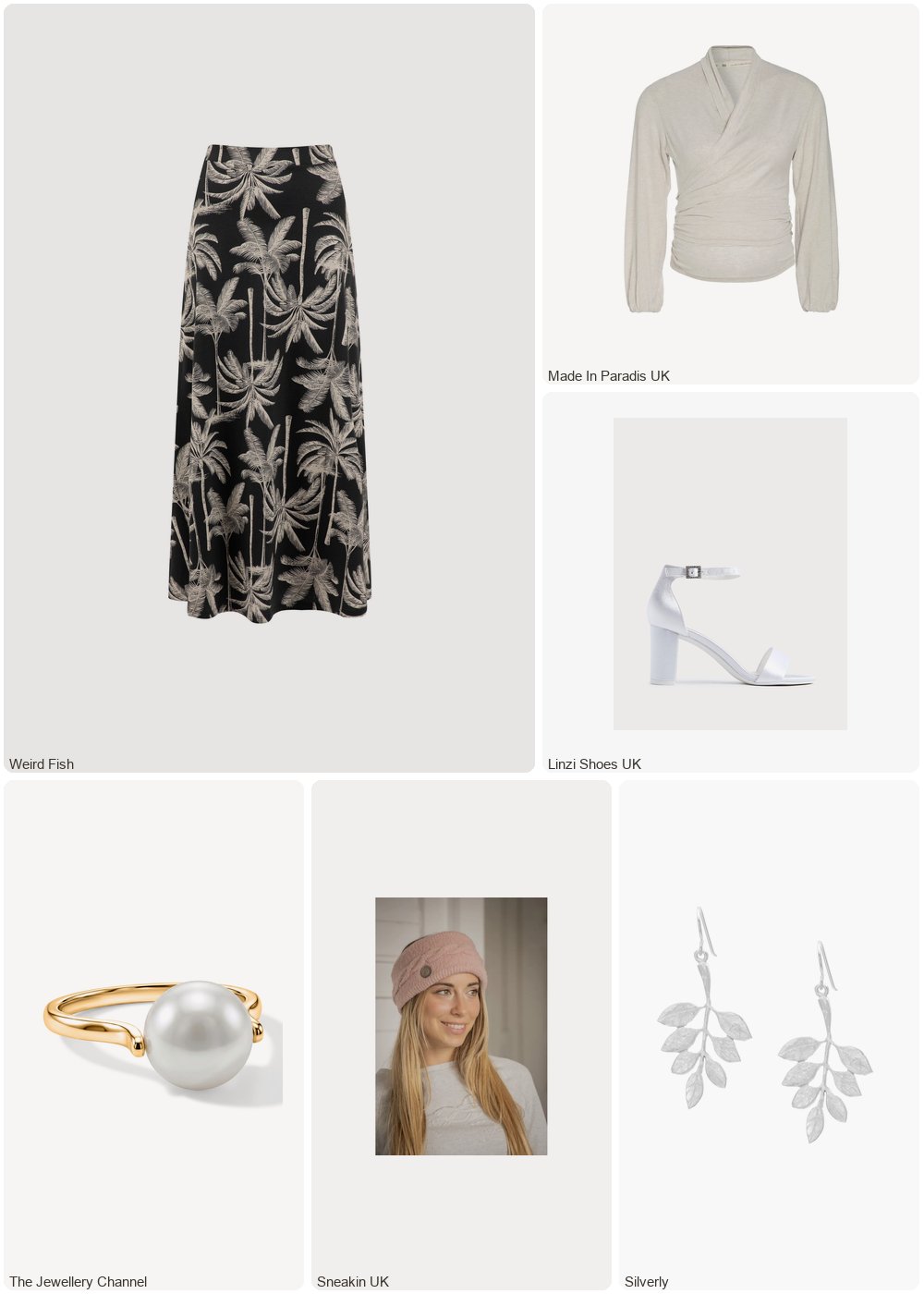 The complete outfit featuring Black Weird Fish Eloriah Printed Jersey Midi Skirt Black Size 16