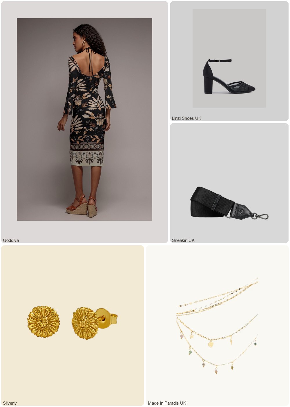 The complete outfit featuring Goddiva Goddiva Printed Tie Back Midi Dress - Black