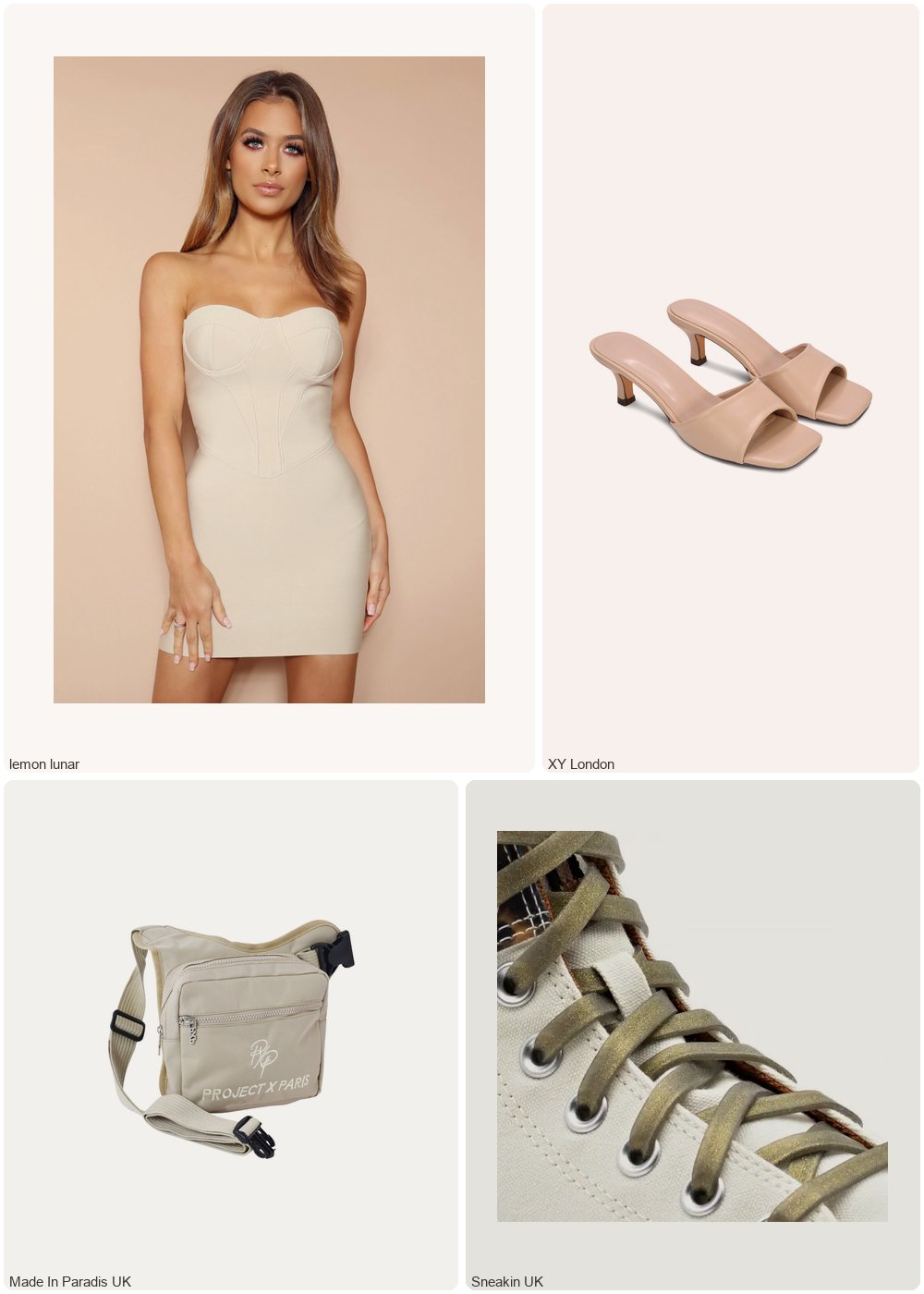 The complete outfit featuring 1 The Titania Beige Bandage Mini Dress