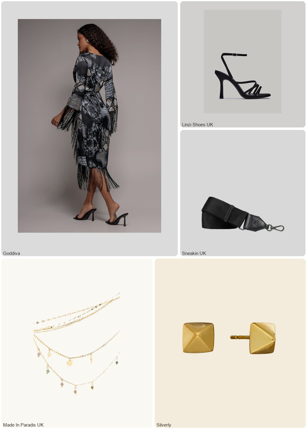 The complete outfit featuring Goddiva Goddiva Foil Print Wrap Midi With Tassels - Black