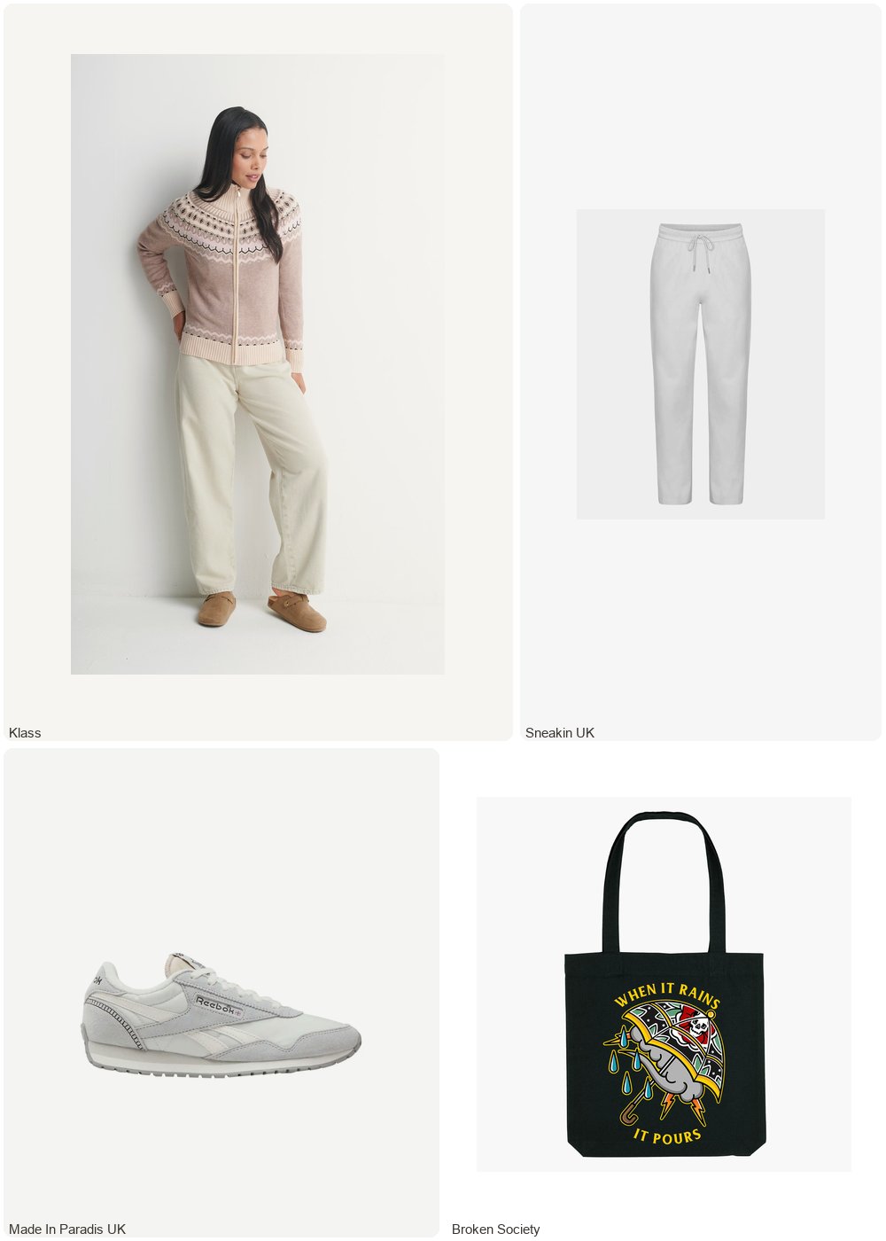 The complete outfit featuring Broken Society UK When It Rains It Pours Strong-As-Hell Tote Bag